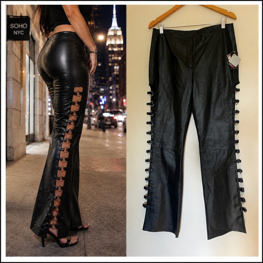 NWT 12 Wilson’s Leather Y2K Black Genuine Leather Ring Cutout Bootcut Rock Pants